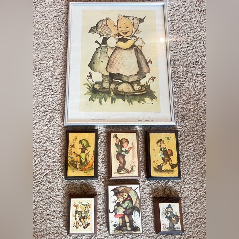 Hummel Wall Pictures Set of 7! 6 Wood Plaques 1 Glass Boys & Girls Vintage Decor